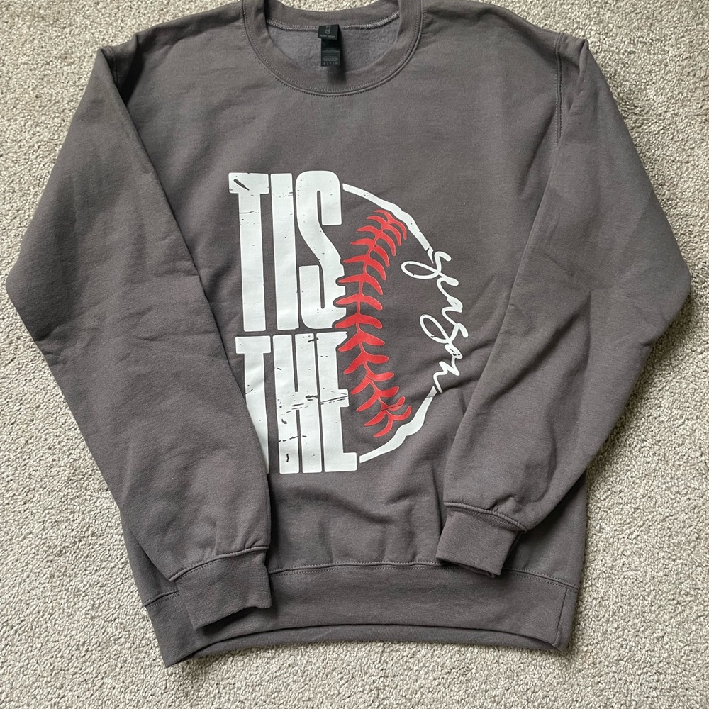 Gildan Gray Crewneck Sweatshirt with White and Red Baseball Graphic